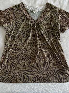 Rebecca Malone Women's Short Sleeve V-Neck Top with Rhinestone Embellishment and